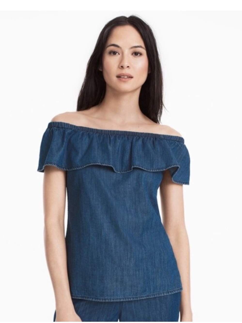 White House Black Market Off Shoulder Denim Chambray Ruffle Top Blue Size XXS
